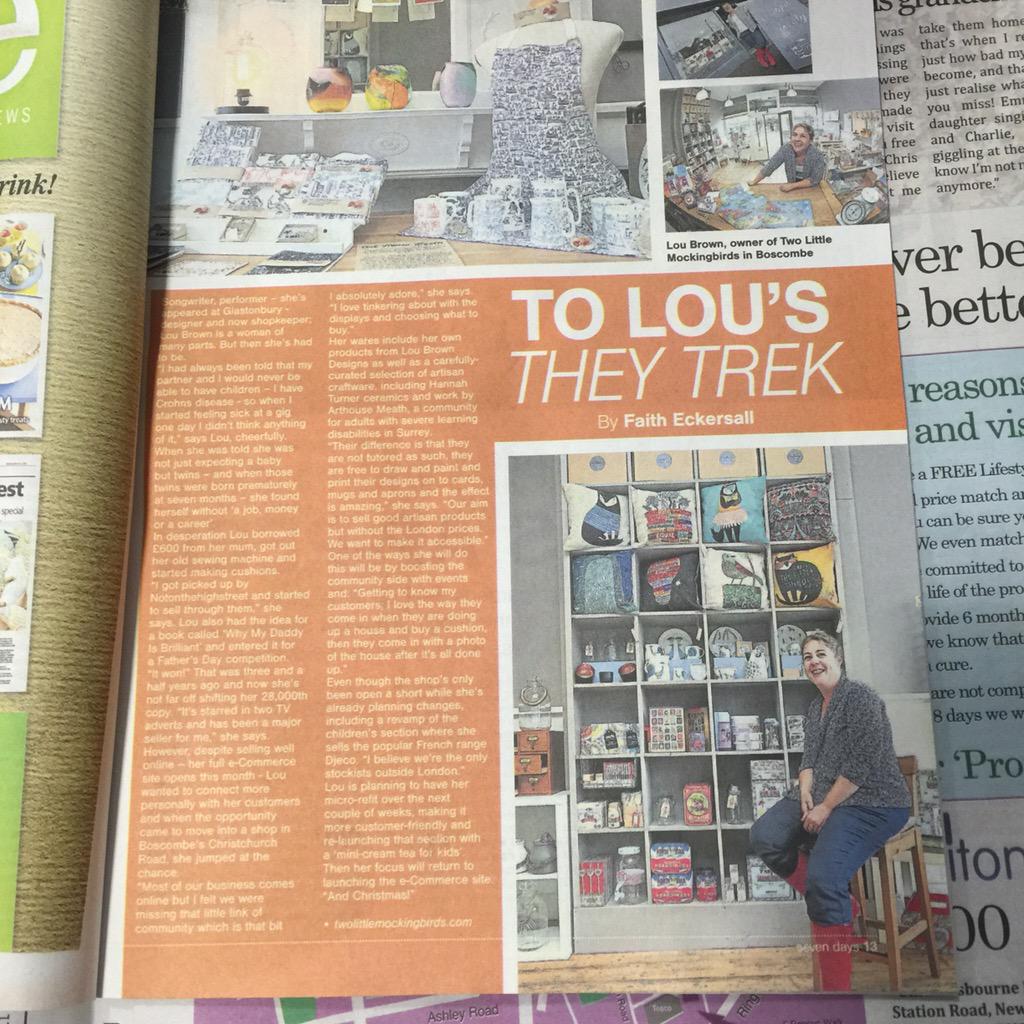 MockingbirdsTwo's tweet image. We're in today's @Bournemouthecho magazine! @monobrowmum talking to @HerFaithness about @LouBrownDesigns &amp;amp; the shop