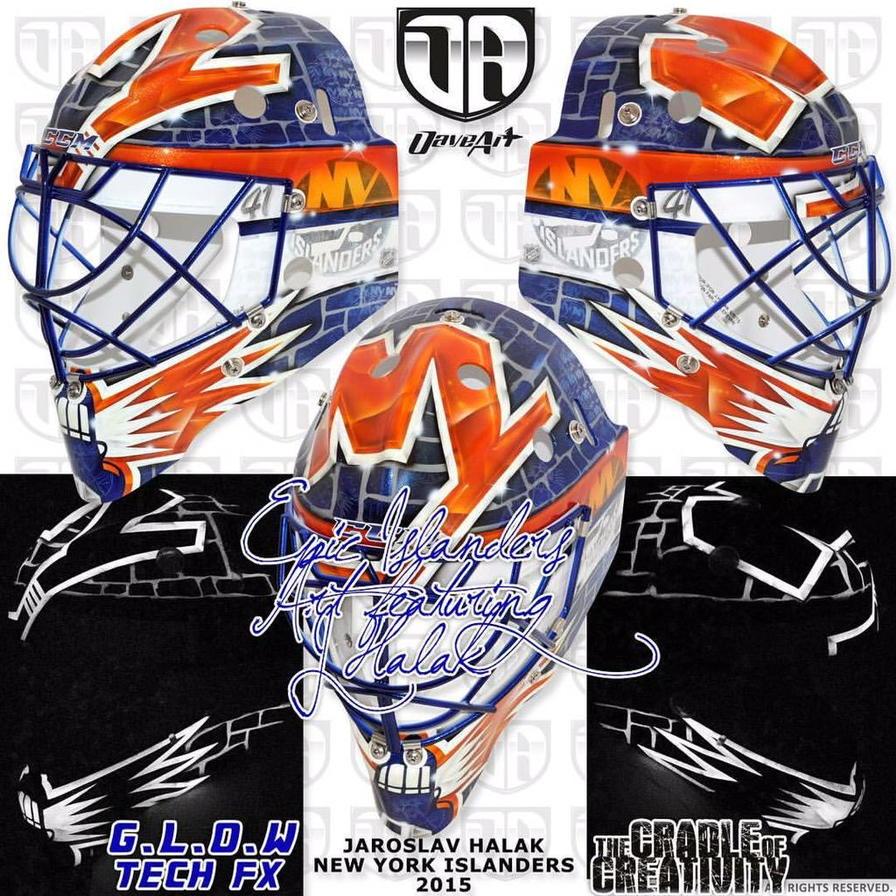 NYI goalie Jaroslav Halak's mask for his 1st start of the season tonight.  #HalakIt