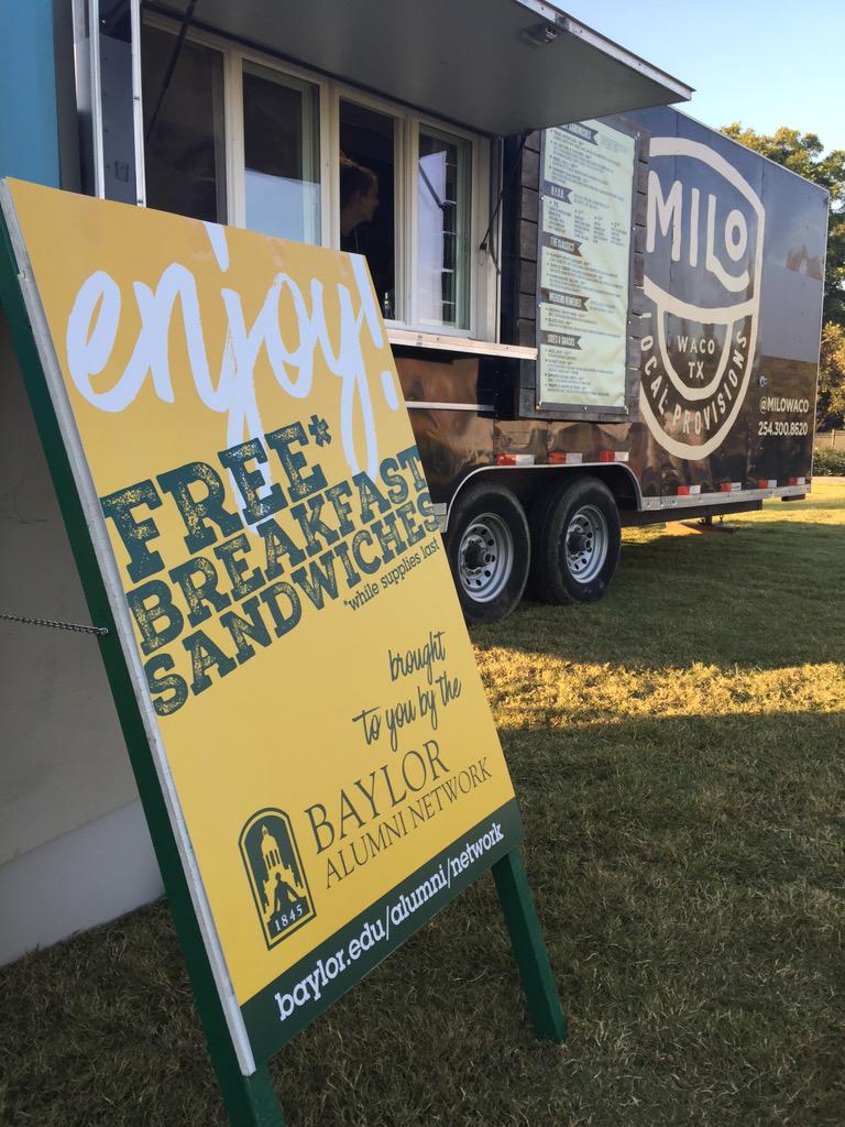 Thanks <a href="/BaylorNetwork/">BaylorAlumniNetwork</a> for free breakfast sandwiches at Student Organization Tailgate! Come check out <a href="/milowaco/">MILO</a>!