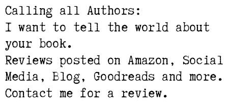 I want to tell the world about your book. Contact me for a review. I don't bite - mostly. gcmacquarie.weebly.com/contact.html