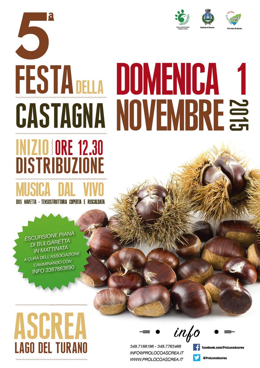 ProLocoAscrea's tweet image. 1 Novembre, 5° Festa della #Castagna: strozzapreti, arista, castagne e dolce! #ascrea #lagodelturano #valledelturano