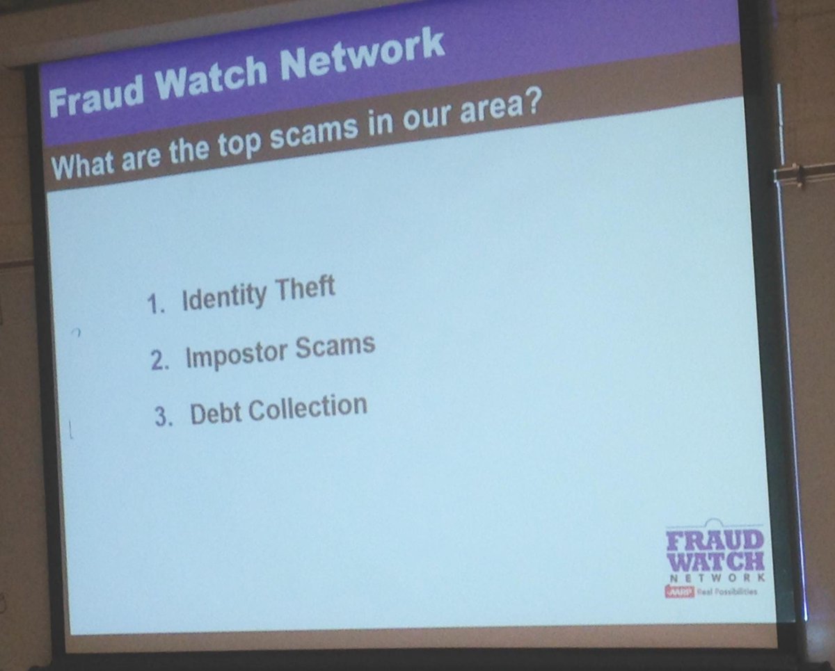 AARPDC's tweet photo. These are the top scams currently in the Metro DC area. #FraudWatch #FPD2015 http://t.co/0uLJXqIhUY