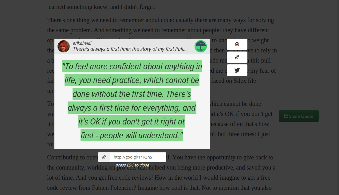 erikaheidi's tweet image. Just deployed a super cool new feature on @devhumanproject - now you can highlight and share quotes from stories!