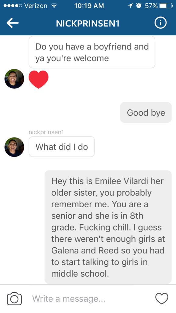 emilee_vilardi's tweet image. Stay away from him. He&apos;s a senior who&apos;s messaging middle schoolers.