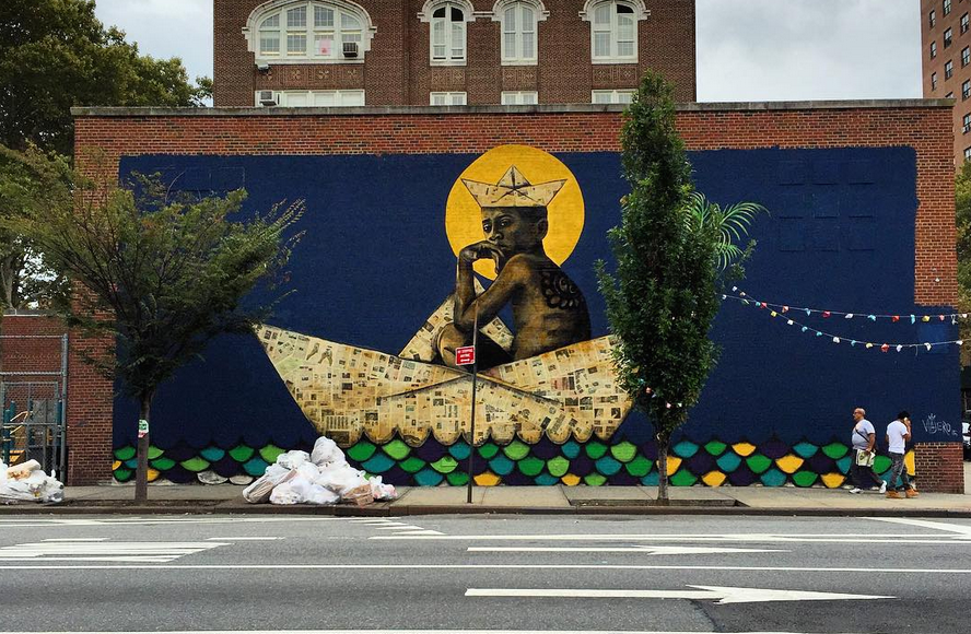 BKStreetArt's tweet photo. Viajero. Collage and paint mural for MonumentArt in El Barrio #viajero #monumentartnyc #elbarrio @MMViverito http://t.co/srvTLaEjHQ