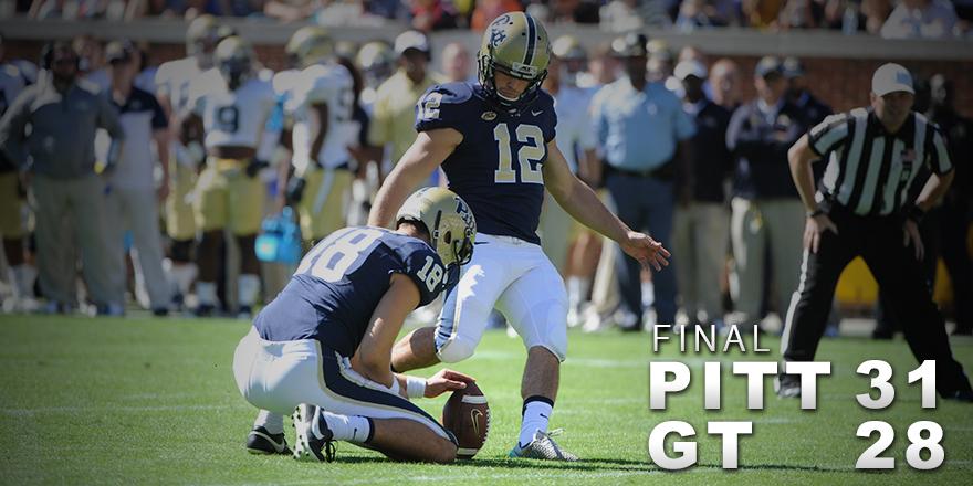Pitt_FB's tweet photo. FINAL: PITT 31, GEORGIA TECH 28...Chris Blewitt makes a SCHOOL RECORD 56-yard FG with 1:11 remaining...Pitt is 5-1! http://t.co/1YOvlhcVxc