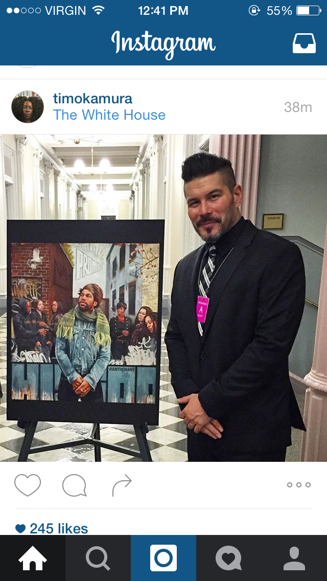 douglasudellart's tweet photo. @TimOkamuraArt looking sharp as a tack at the White House alongside his painting 'The Promise' #iamthemany http://t.co/VpzNVmlxCy
