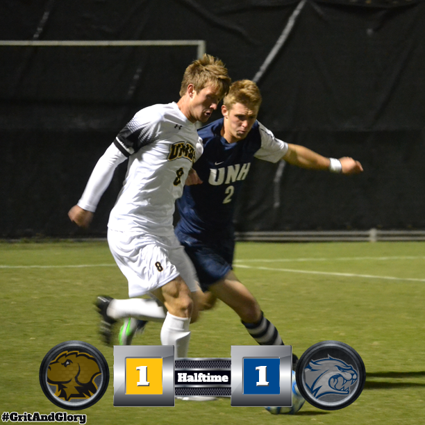 UMBCMensSoccer's tweet photo. At the break the two goals 18 seconds apart is the difference, 1-1 http://t.co/WQpCtmVlpe