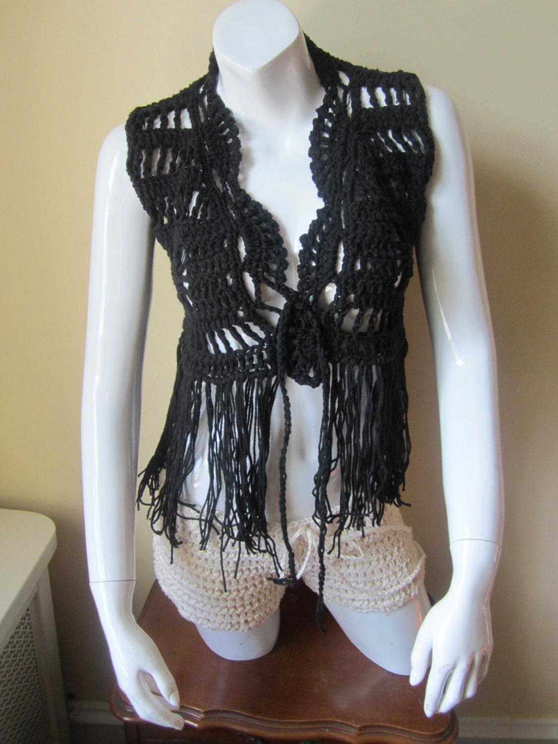 Black crochet vest with fringe hot sale