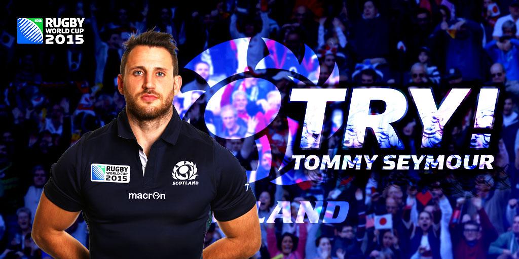 rugbyworldcup's tweet photo. Finn Russell charges down Bernard Foley's kick before offloading to Tommy Seymour to score! #AUS 25-24 #SCO #AUSvSCO http://t.co/o1XGZsTdfg