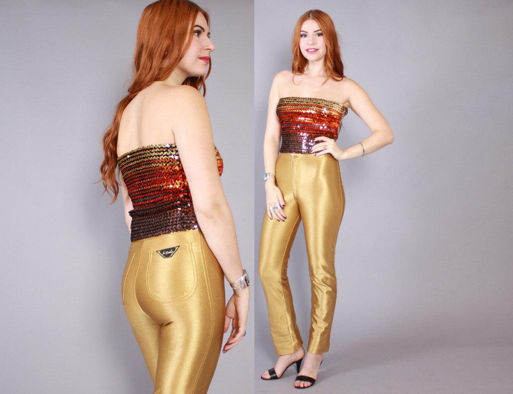 LuckyVintage on X: Vintage 70s DISCO PANTS / 1970s Shiny GOLD Spandex Wet  Look Le Gambi Skinny Pants, xs by luckyvintageseattle (148.0…   / X