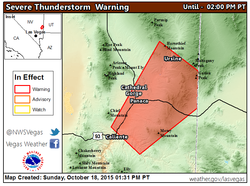 Map Severe thunderstorm warning for Lincoln County in Nevada