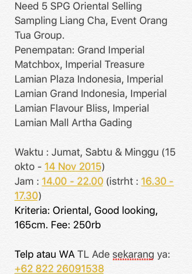 bleumoleSPG's tweet photo. Job Selling Sampling Fee 250rb/shift, check picture @pakarSPG thank you. http://t.co/4WxCTB1T6C