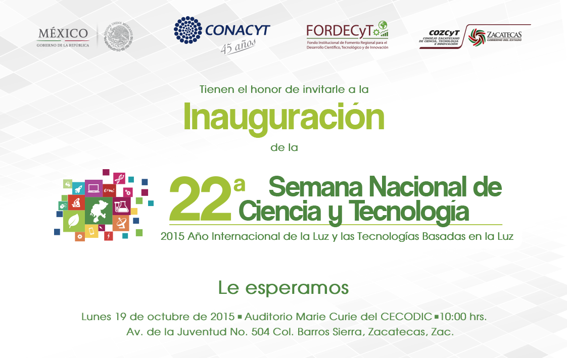 BENMACZacatecas's tweet photo. 22a Semana de la Ciencia y la Tecnología 2015, del 19 al 23 de octubre. 2015 Año Internacional de la Luz http://t.co/u8PihTJy9m