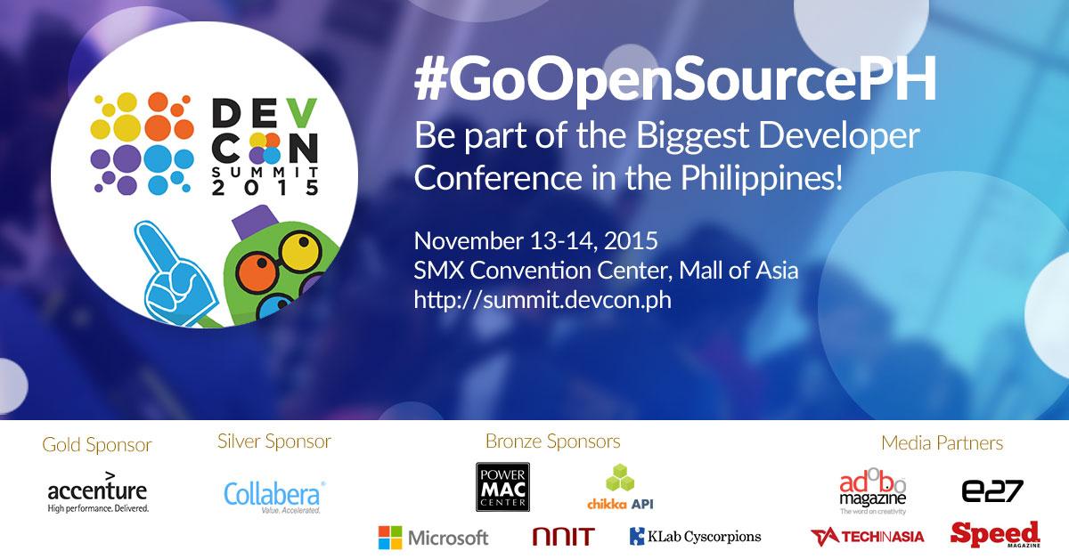 techinasia's tweet image. Don't miss PH's Biggest Developer Conference, #DevConSummit2015 on Nov13-14! #GoOpenSourcePH summit.devcon.ph
