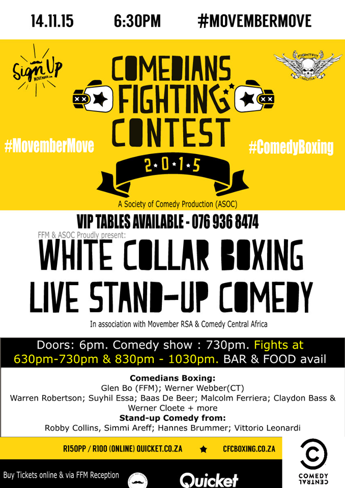 ComedyCentralAF's tweet photo. Save R50 by buying tickets online via @QuicketSA &amp; getting a free drink! #comedyboxing #movembermove  @glenboshow http://t.co/gvlZHcyQ1z
