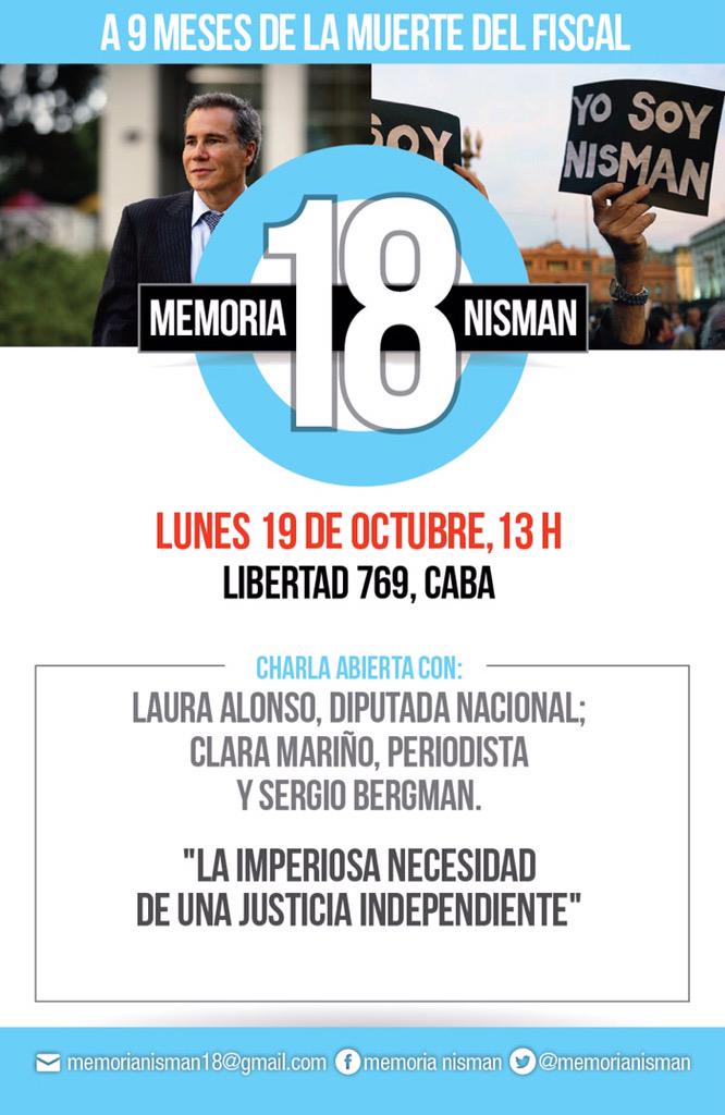Sergio Bergman (@sergiobergman) on Twitter photo A 9 meses de la muerte del fiscal #Nisman <a href="/memorianisman/">Memoria Nisman 18</a> <a href="/lauritalonso/">Laura Alonso 🇦🇷</a> <a href="/marinoclara/">Clara Mariño</a> A 9 meses de la muerte del fiscal #Nisman <a href="/memorianisman/">Memoria Nisman 18</a> <a href="/lauritalonso/">Laura Alonso 🇦🇷</a> <a href="/marinoclara/">Clara Mariño</a>