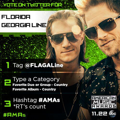 FLAGALine's tweet image. We've been nominated for 2 #AMAs!!!  Tweet - "@FLAGALine for Favorite Album Country #AMAs" to vote! RT's count too!