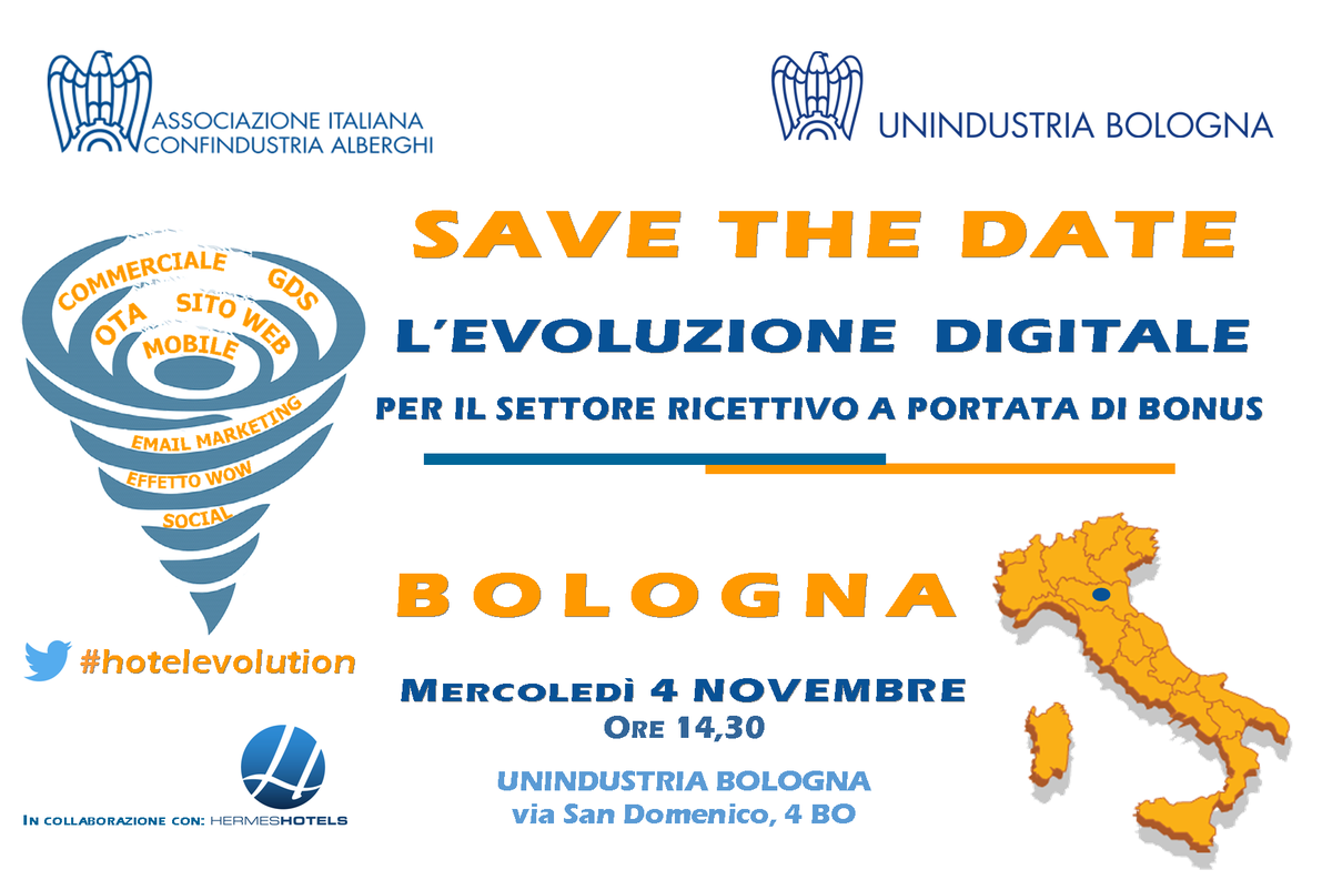 SAVE THE DATE: #hotelevolution 4/11 BOLOGNA <a href="/confalb/">ConfindAlberghi</a> @UnindustriaBo @HermesHotels <a href="/VDeotto/">Vittorio Deotto</a>