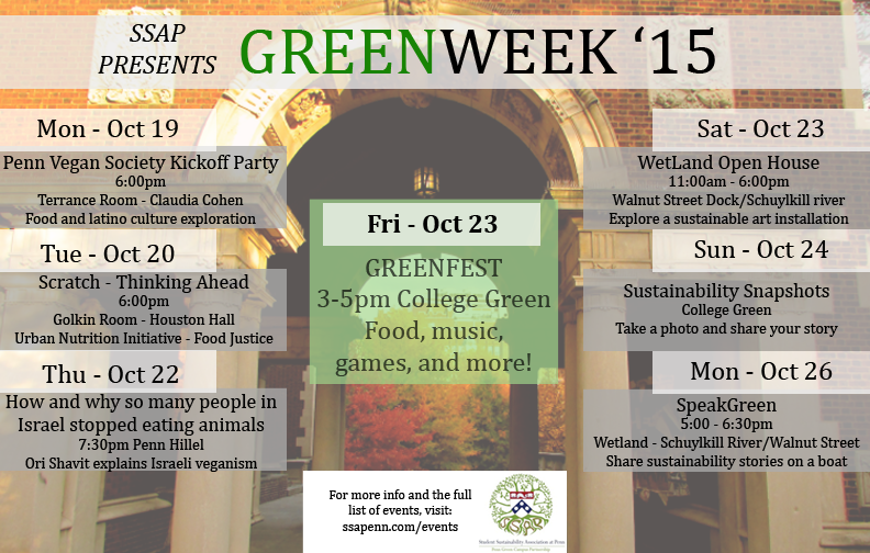 SSAPenn's tweet photo. It's here. #GreenWeek2015. View events below and stay up to date at http://t.co/SST7VwgVUJ. @GreenPenn http://t.co/eDUa3sexsC