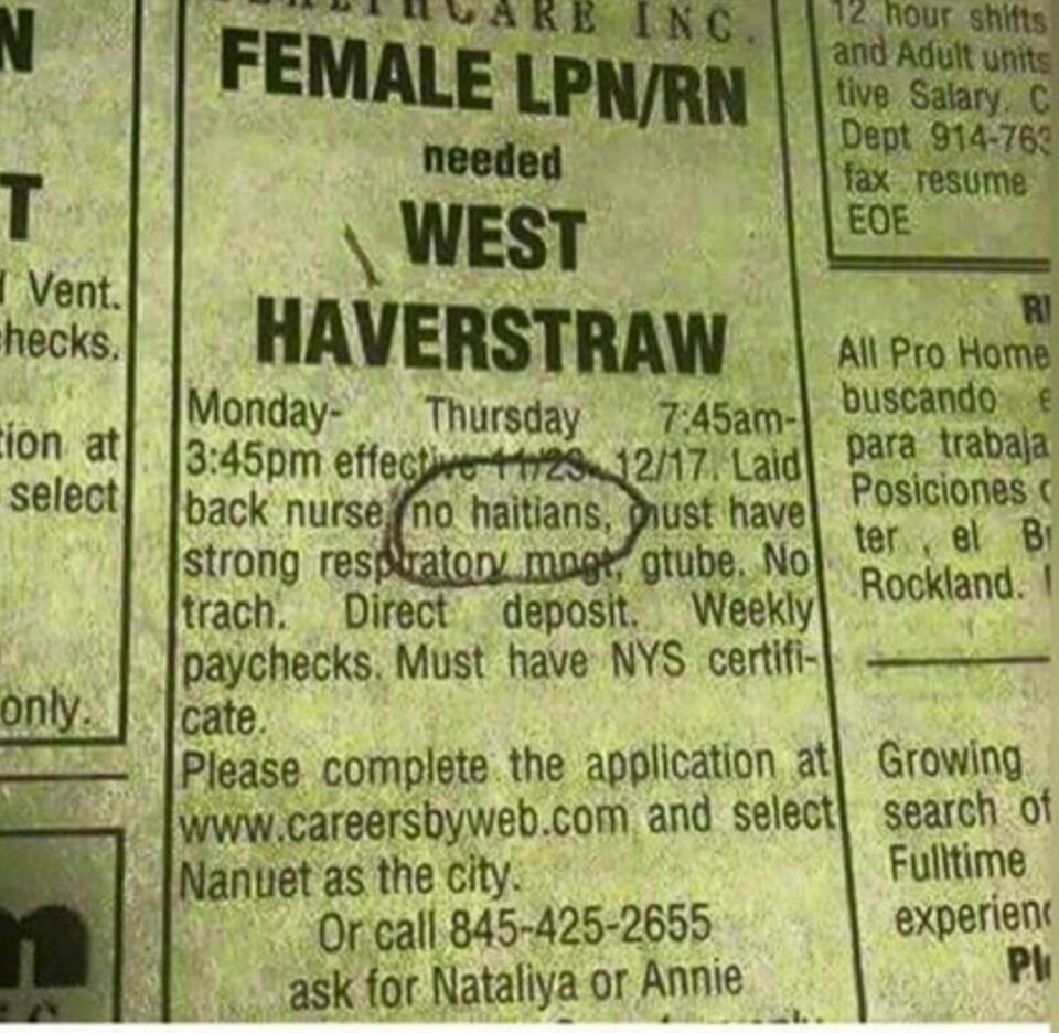 NadegeGreen's tweet photo. #Interimhealth ad in upstate NY says no #Haitians need apply.  Some calling ad racist &amp; asking for explanation http://t.co/i05Fdxy7xY