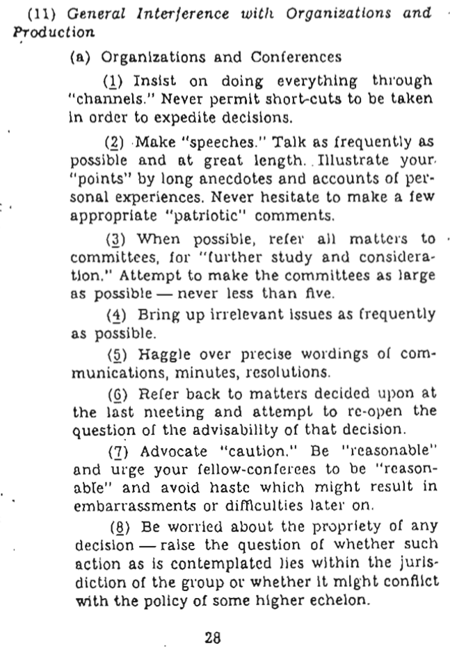 rlmcelreath's tweet photo. Cold War guide to organizational sabotage reads like guide to holding faculty meeting (p28) https://t.co/BZxNpqBHCQ http://t.co/w6w61WOzOY
