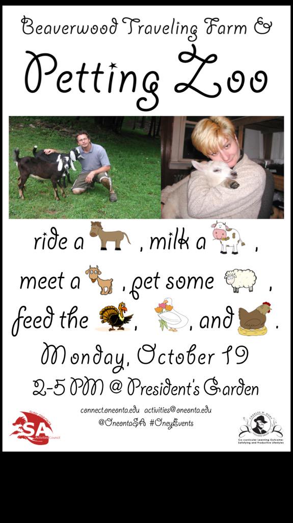 OneontaSA's tweet image. Petting Zoo in the Lower quad (President's Garden). Starts at 2 p.m. - 5 p.m. and it's FREE #sunyoneonta #oneyevents