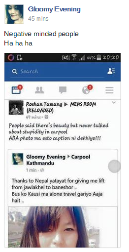 MeAstraL's tweet photo. #CarpoolKathmandu comedy! Nested screenshot says it all. Didn't bother hiding names. She deserves it. http://t.co/hqHRve0DWA