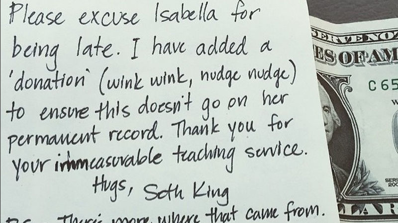 someecards's tweet photo. Majorly corny dad writes adorably wacky excuse notes when his kids are late to school. http://t.co/xEnvf6z6vw http://t.co/6165lS8DKy