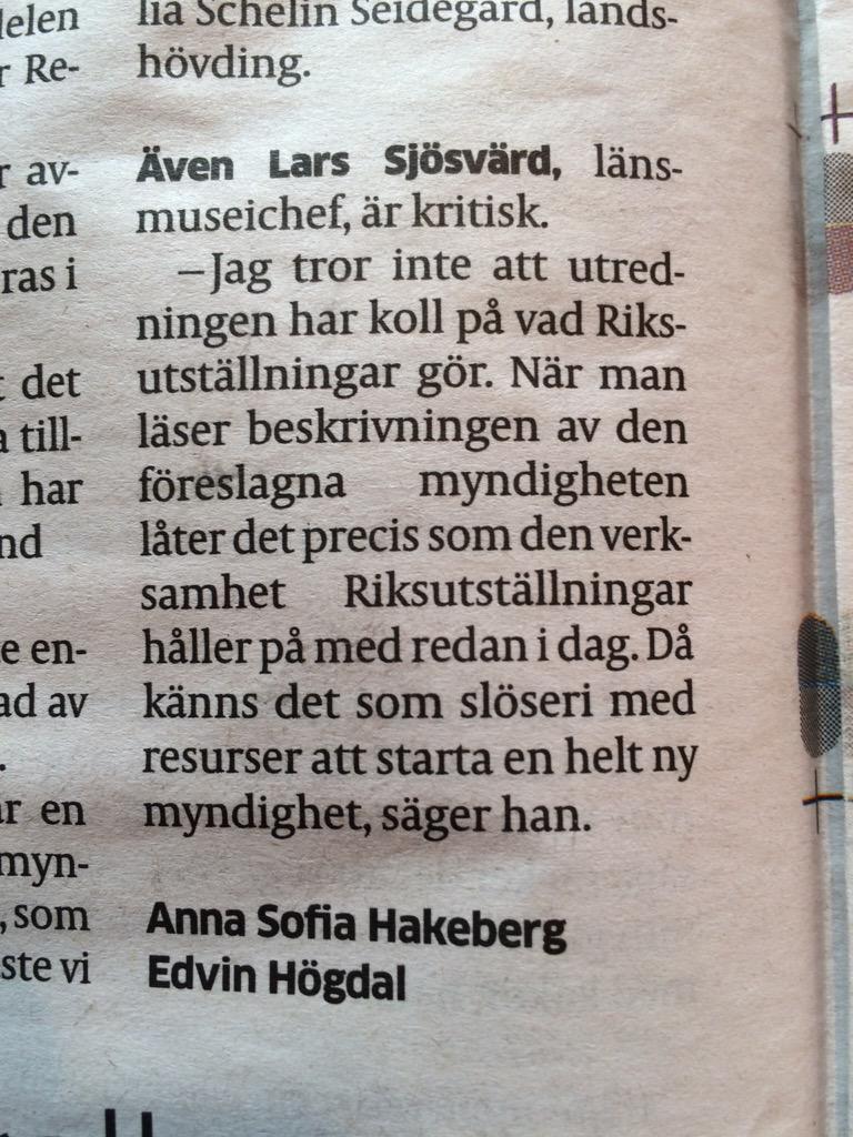 EricFugelang's tweet photo. En ganska sund reaktion på #museiutredningen tycker jag så här lite initialt.. Eller vad rycker du @RebeckaNolmark ? http://t.co/X1nZydj8fW