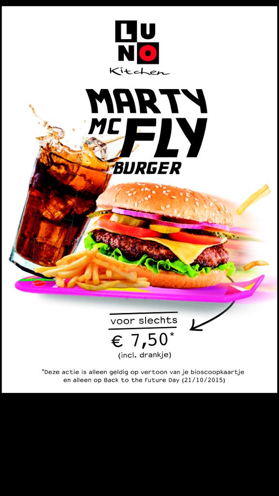 @JTHilversum: Voor #BackToTheFuture een McFly Burger <a href="/LunoKitchen/">Luno Bar & Kitchen</a> op vertoon van je ticket.