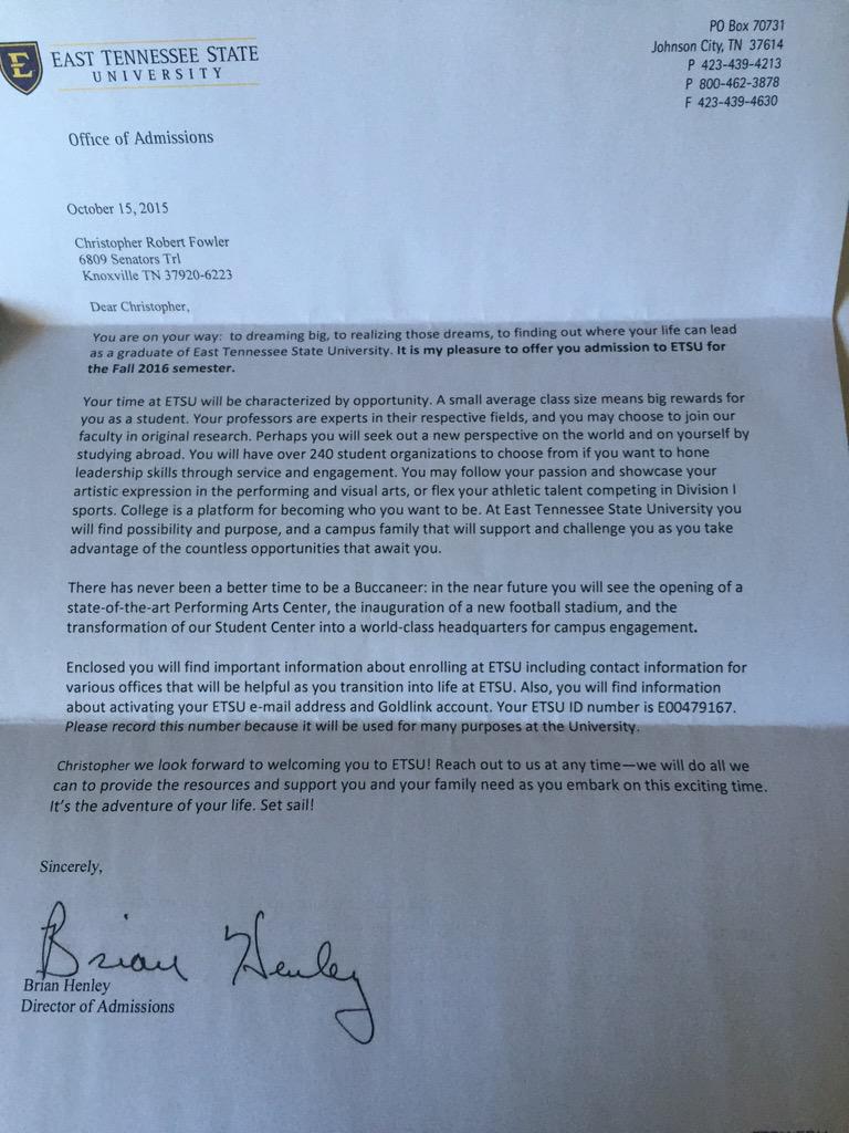 c23fowler's tweet photo. I got accepted😊 #ETSU @SDHSCC http://t.co/Tvpl5oSc9y