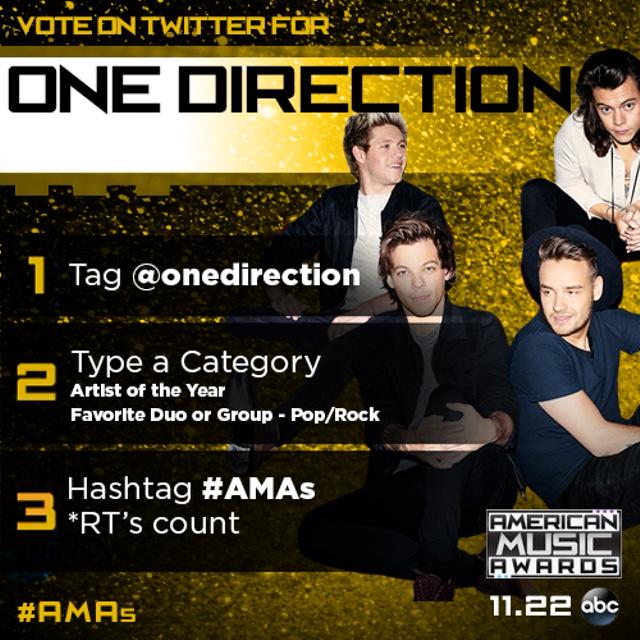 onedirection's tweet photo. Why not start the week by retweeting to vote for 1D in this year's @TheAMAs? #aoty #AMAs https://t.co/vhLD3VY49z