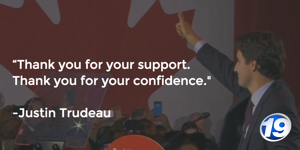local19's tweet photo. Justin #Trudeau is giving his victory speech right now. #elxn42 #majority https://t.co/a5MAbuV2jT