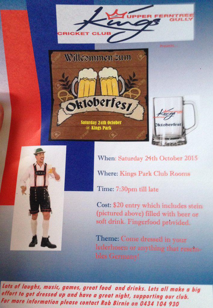 UpperGullyCC's tweet image. Oktoberfest function this Saturday at Kings Park! Promises to be a cracker!