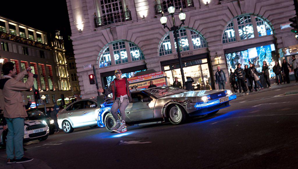 JasonBradbury's tweet image. All over London wiv DeLorean today. Still cant believe what we pulled off last night #Hoverboard #BackToTheFuture :)