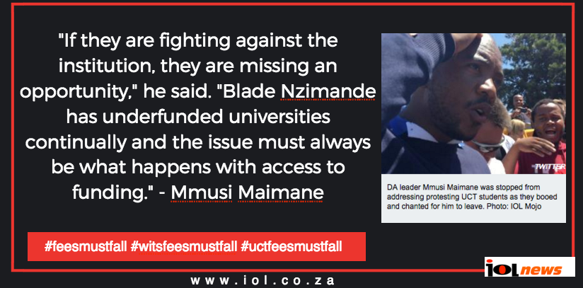 IOL's tweet image. Mmusi Maimane talks about #FeesMustFall bit.ly/1GfY3b8 - by @mojoIOL