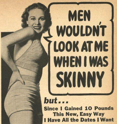 HistoryInPics's tweet image. Advertisements encouraging women to gain weight from the 1950s.