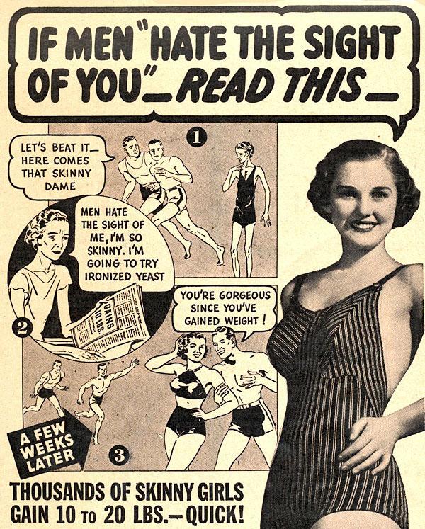 HistoryInPics's tweet image. Advertisements encouraging women to gain weight from the 1950s.