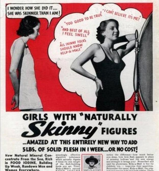 HistoryInPics's tweet image. Advertisements encouraging women to gain weight from the 1950s.