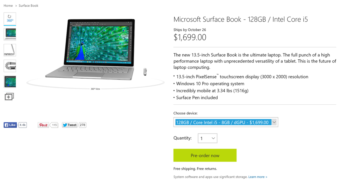 bdsams's tweet photo. Microsoft just introduced a new SKU of the Surface Book, 128 GB, dual GPU, $1699, ships Oct 26th. https://t.co/wcVOZHzLse