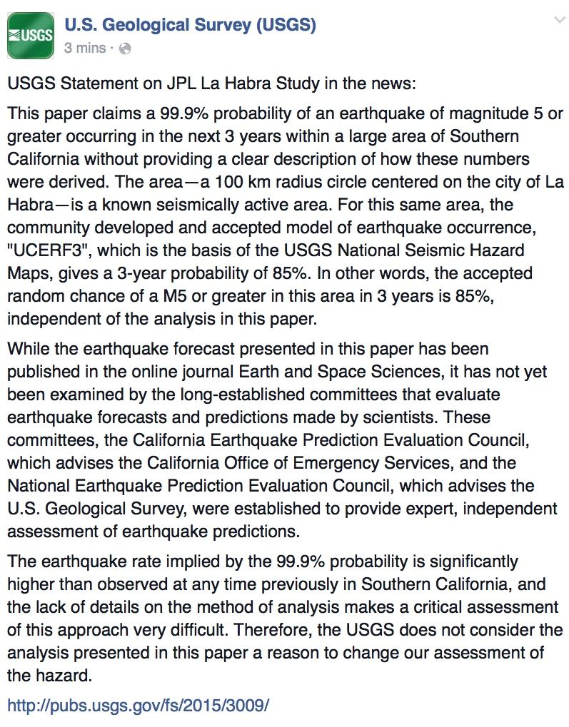 USGS's tweet image. #USGS Statement on JPL La Habra Study in the news. #UCERF3  #earthquake