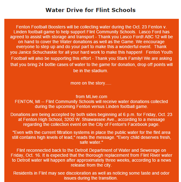 Details on Fenton's Water Drive on Friday night.  Read this else us3.campaign-archive2.com/?u=2c4480b93db…