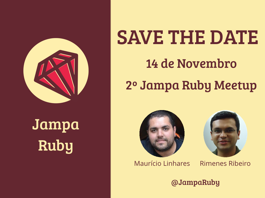 JampaRuby's tweet photo. Nosso próximo encontro já está marcado ;)
Em breve, mais informações! #JampaRuby #JampaRubyMeetup https://t.co/orZSlyWYYC