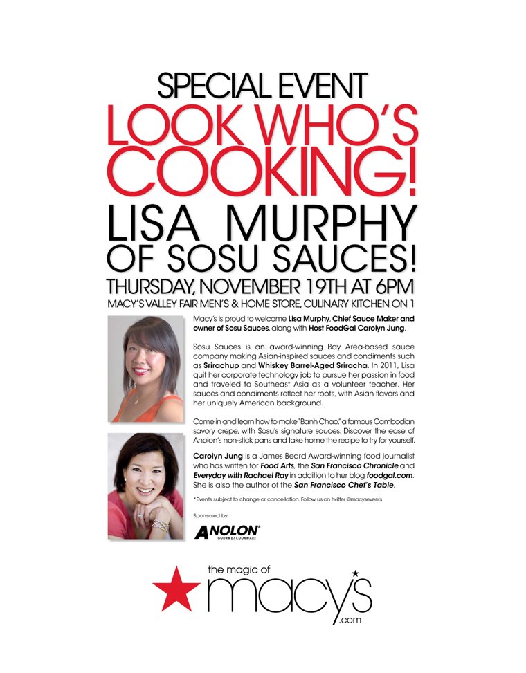 Join yours truly and <a href="/SosuSauces/">Sosu Sauces</a> for a spicy cooking demo 11/19 <a href="/Macys/">Macy's</a> <a href="/westfieldvf/">Valley Fair</a> tinyurl.com/o8wnqrd