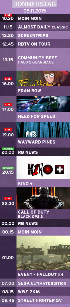 TeleBeans's tweet photo. Der Tagesplan für den 5.11. #rbtv Heute besucht @stevengaetjen @LeSchroeck wieder bei Kino+ um 20.15 https://t.co/i9ZHzsRyfq