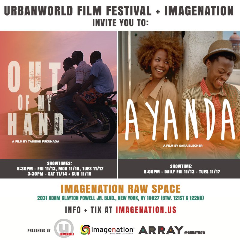 UWFFDigital's tweet image. Buy Tickets Now for Array's New Releases @ImageNationUS
…tion-cinema-foundation.ticketleap.com/ayanda/
…tion-cinema-foundation.ticketleap.com/out-of-my-hand/