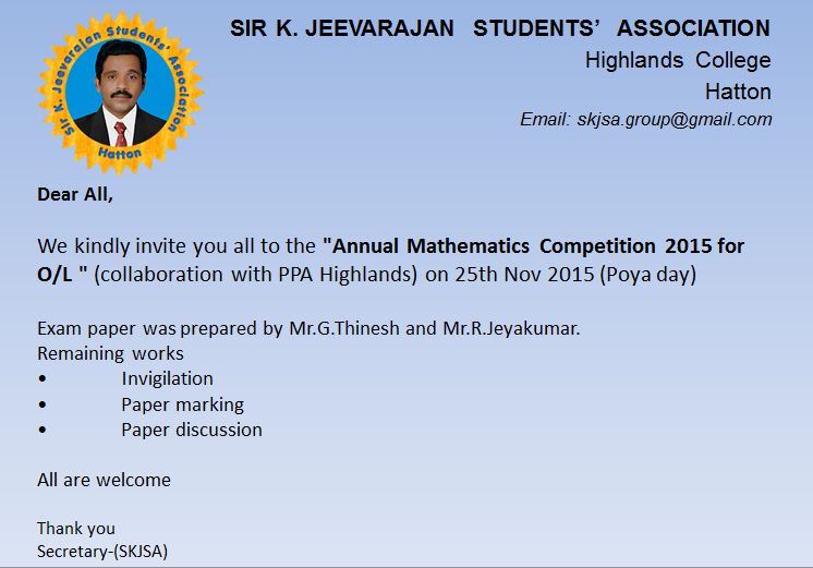 SKJSA_Hatton's tweet photo. We kindly invite you all to the "Annual Mathematics Competition 2015" for O/L on 25th Nov 2015 
for more visit fb https://t.co/sXefk7048R