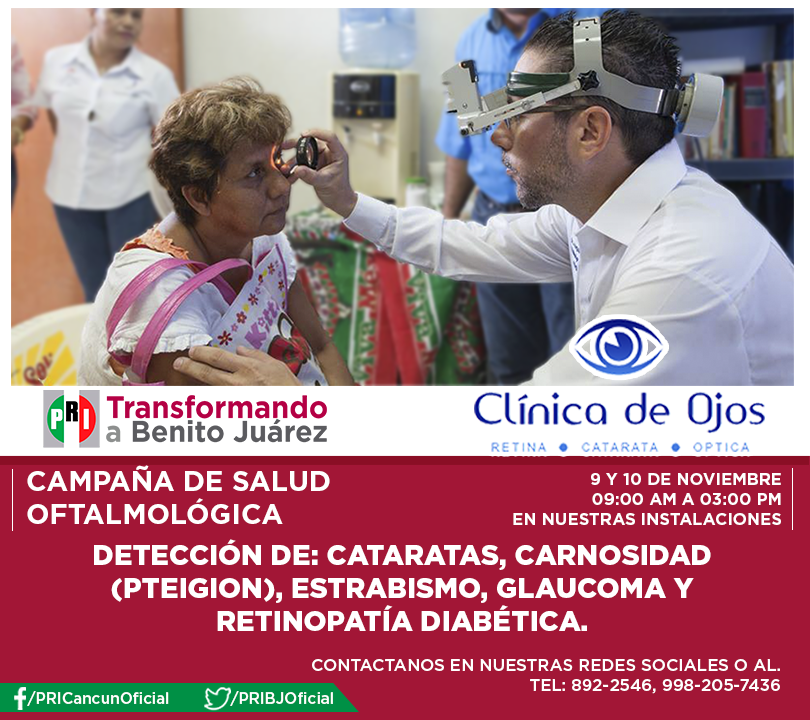 PRIBJOficial's tweet photo. Campaña de Salud Oftalmológica, lunes 9 y martes 10 de noviembre, valoración gratuita. @CrissAlcerreca @cancunmio https://t.co/I8PKfsiUFU