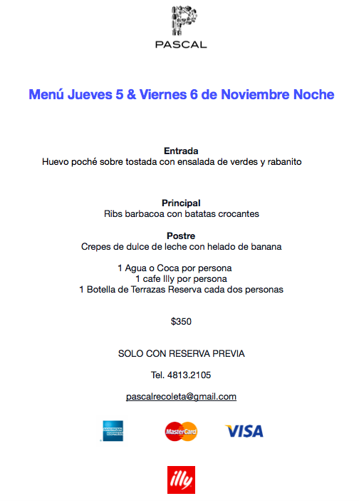 PascalRecoleta's tweet image. Menu Noche Jueves 5 &amp;amp; Viernes 6 de Noviembre Noche.

Reservas 4813.2105